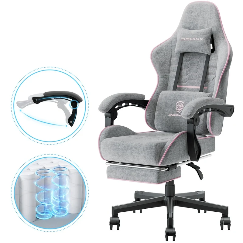 Gaming Stoel – Bureaustoel – Office Chair – Game Stoel – Ergonomische Stoel – Hoog Rugsteun – Pocketvering Zitting – Ademend Katoen – Grijs Roze Variant