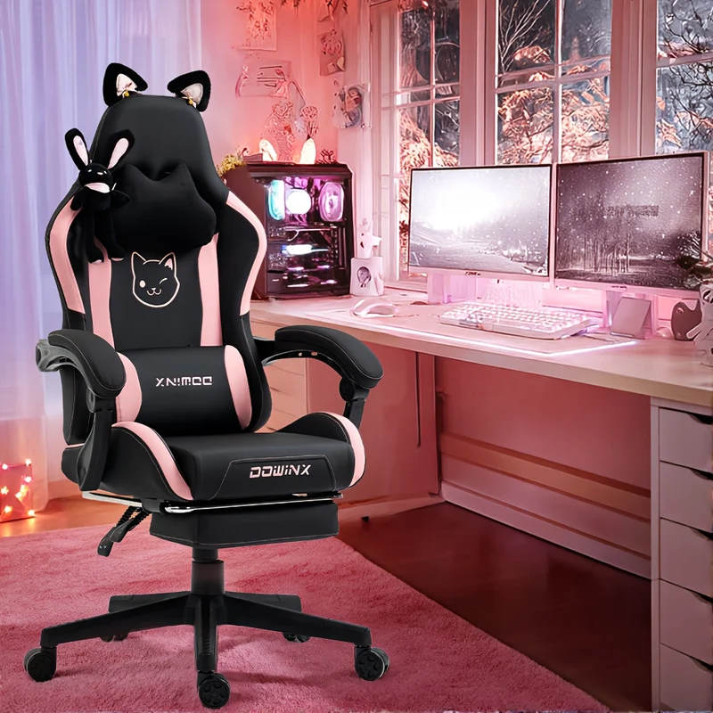 Ergonomic Pink Office Chair with Adjustable Height, Headrest & Lumbar Support - Cute Doll Design, 360° Swivel Base, 5-Point Adjustable Armrests, 5-Point Adjustable Footrest, 5-Point Adjustable Backrest, 5-Point Adjustable Se