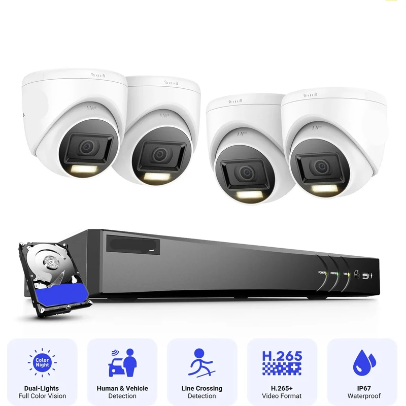 Beveiligingscamera's - Camerabewaking - CCTV Camerasysteem - 4K Dual-Light Ultra HD -8-Kanaals DVR Beveiligingssysteem - H.265+ CCTV Camera Kit - Binnen/Buiten Camera’s - IP67 Weerbestendig – Inclusief 4 Stuks 8MP Camera - 4TB Geïntegreerde Opslag