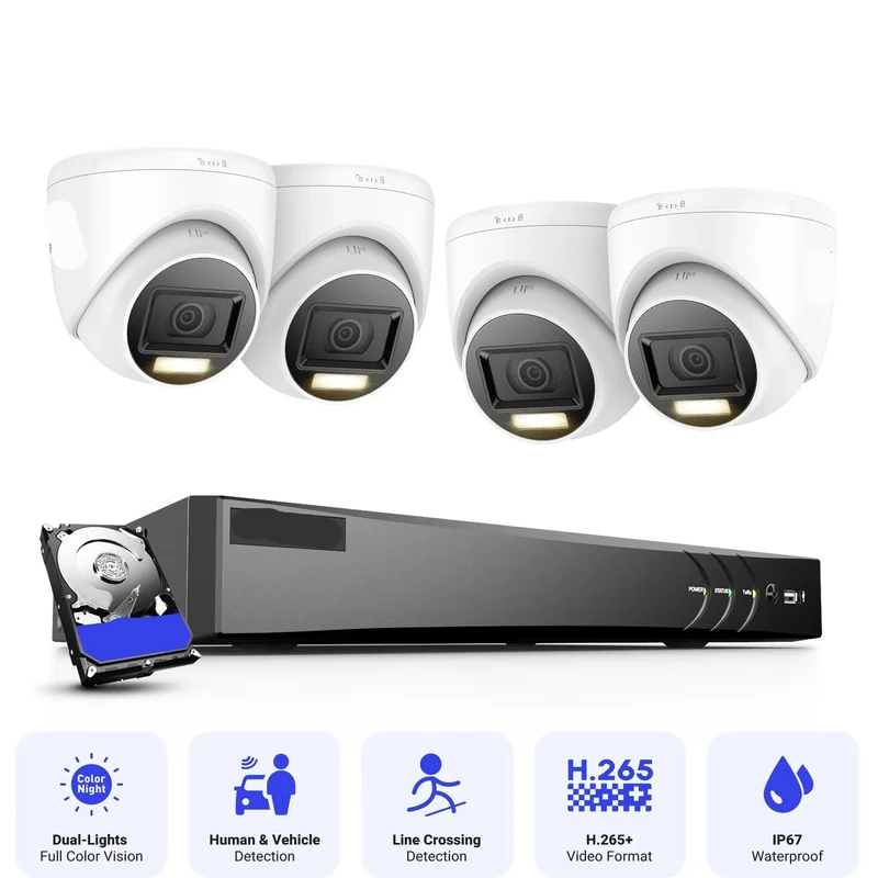 Beveiligingscamera's - Camerabewaking - CCTV Camerasysteem - 4K Dual-Light Ultra HD - 8-Kanaals DVR - H.265+ CCTV Camera Kit - Binnen/Buiten Camera’s - IP67 Weerbestendig – Inclusief 4 Stuks 8MP Camera - Zonder Geïntegreerde Opslag