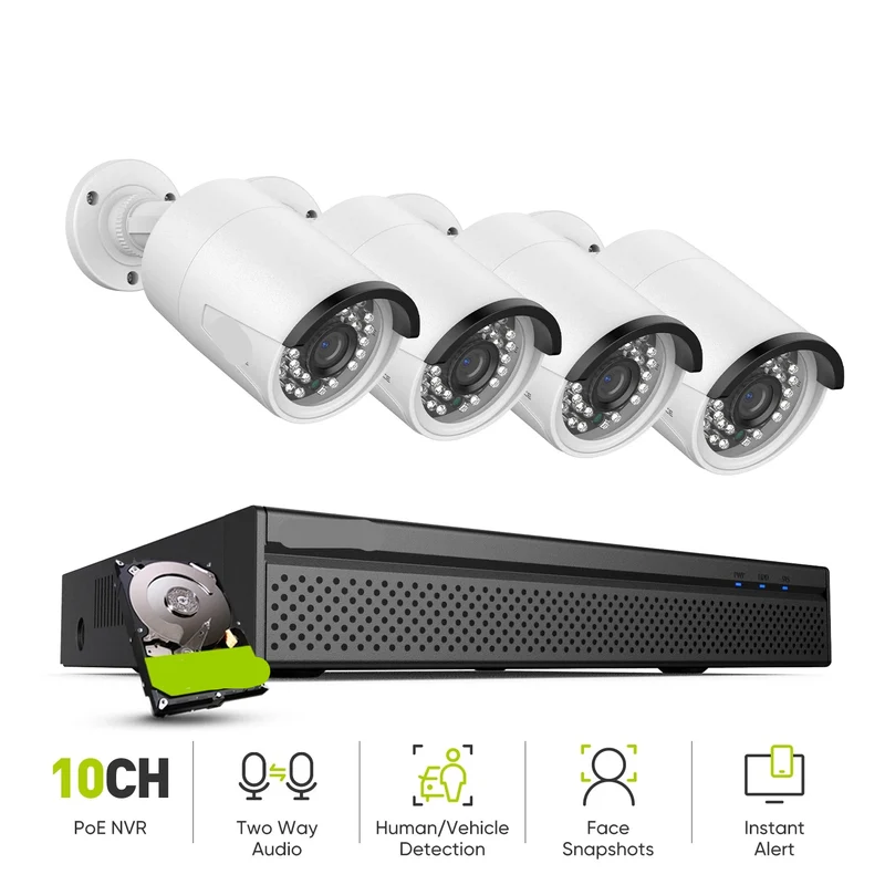 Beveiligingscamera's - Camerabewaking - CCTV Camerasysteem - 4K 8MP Ultra HD POE - 8-Kanaals H.265+ NVR - Inclusief 8MP Beveiligingscamera’s – Tweeweg Audiofunctie – Zonder Geïntegreerde Opslag