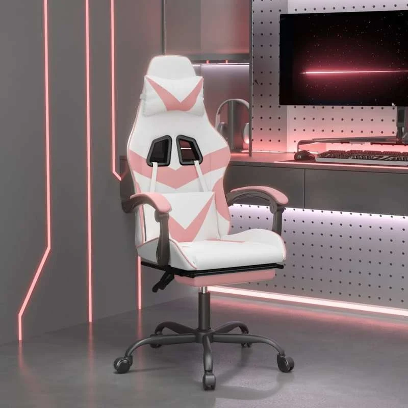 Gamingstoel – Gamedraaistoel – Bureaustoel – Stoel Met Voetensteun – Kunstleer Roze Wit – Verstelbare Rugleuning