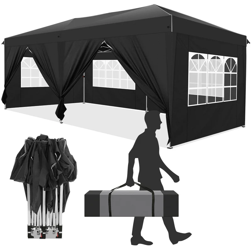 Vouwwagen – Pop-Up Tent – Opvouwbare Tent – Buiten Tent – Waterafstotend Oxford – 3x6 Meter – 6 Afneembare Zijwanden - Zwart