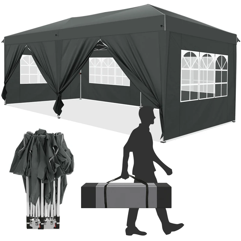 Vouwwagen – Pop-Up Tent – Opvouwbare Tent – Buiten Tent – Waterafstotend Oxford – 3x6 Meter – 6 Afneembare Zijwanden - Grijs