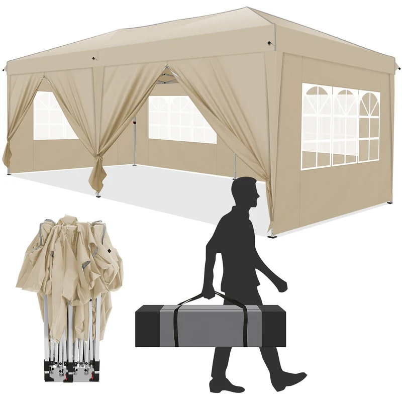 Vouwwagen – Pop-Up Tent – Opvouwbare Tent – Buiten Tent – Waterafstotend Oxford – 3x6 Meter – 6 Afneembare Zijwanden - Khaki