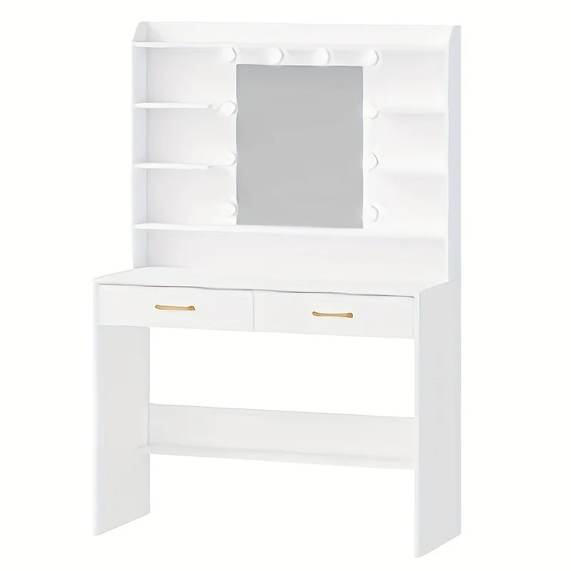 Make-uptafel – Kaptafel – Schminktisch – Visagiekast – Make-up Bureau – Wit Met Gouden Accenten – Verstelbare Verlichting – 100x40x149 cm