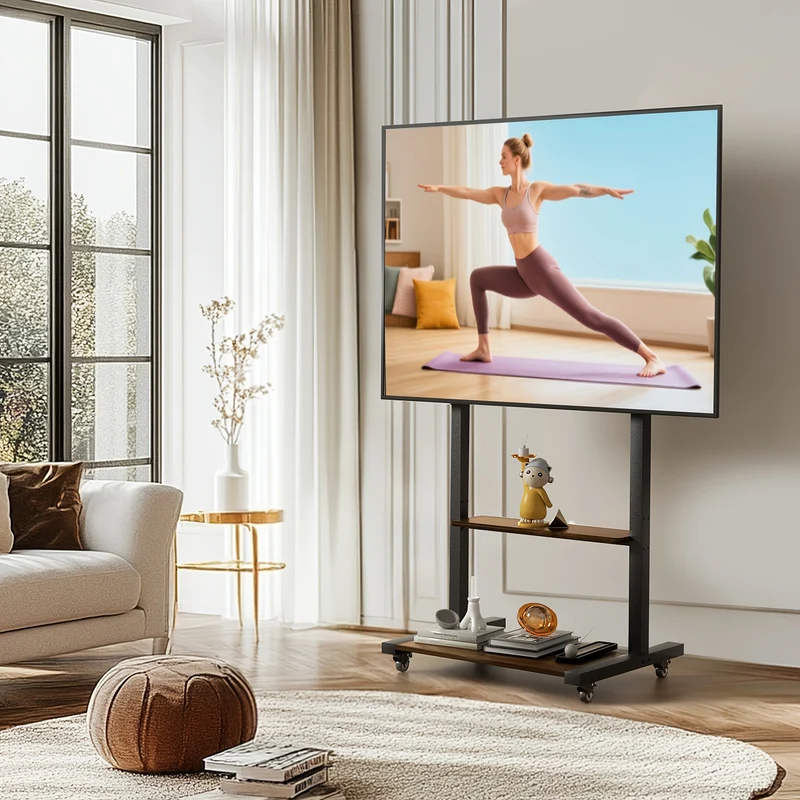 TV-standaard – Mobiele TV-wagen – Verrijdbare TV-houder – Verstelbare TV-voet – TV-meubel – Verstelbare Hoogte 80-108 cm – Stevig Metaal & Houtlook Frame – Voor 40-100 inch TV’s