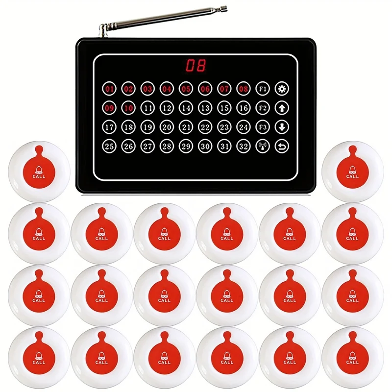 Belfoon – Draadloos Oproepsysteem – Oproepknop – Service Pager – Horeca Communicatiesysteem – Bereik 150m – Touchscreen Display met 20 Knoppen