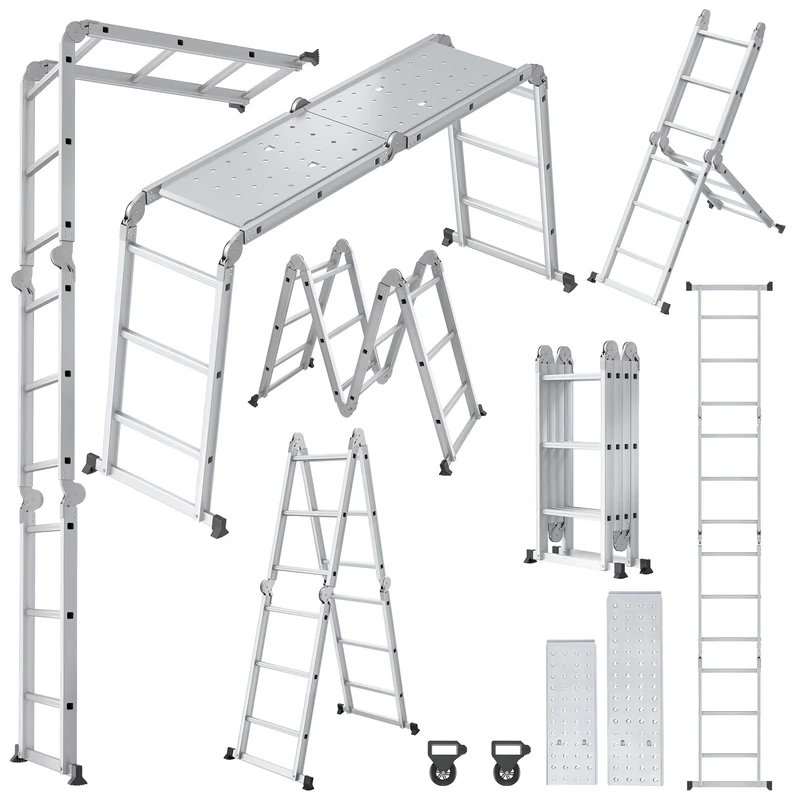 Multipurpose Ladder, Household Ladder, Foldable, Step Ladder Work Platform, Load-Bearing 150kg, Aluminum Alloy Combination Ladder, Silvery, (4X3 Steps, 4X4 Steps, 4X5 Steps)
