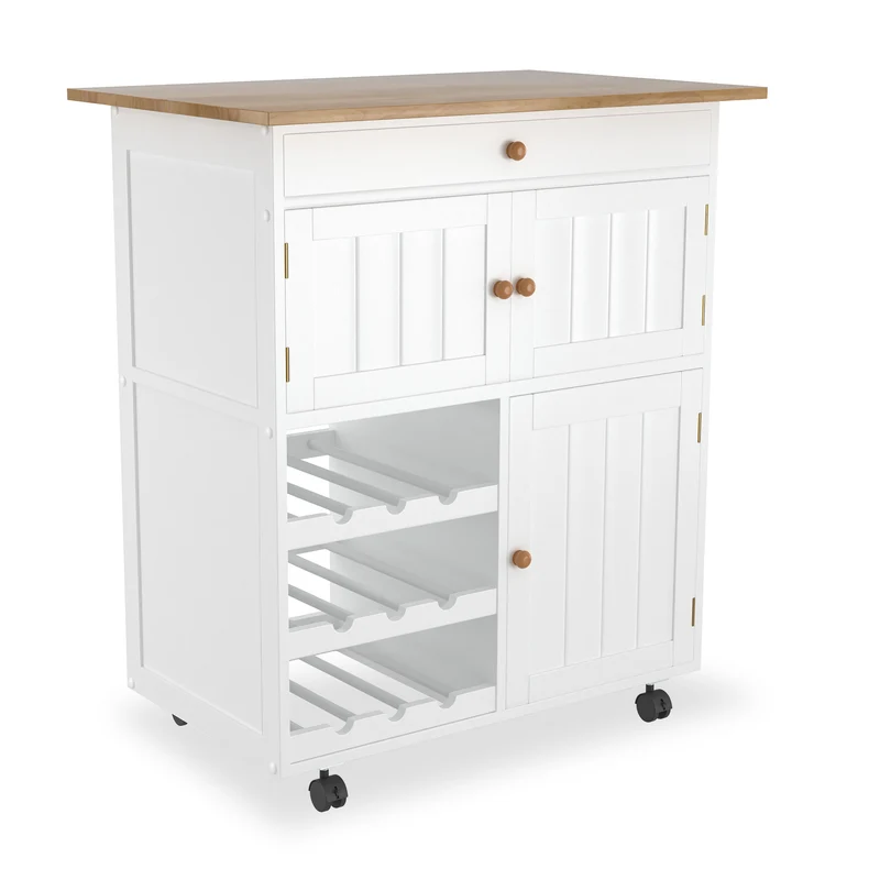 Kitchen Trolley on Wheels with Bottle Rack, Side Shelves And Cabinet with Soft-Close Hinges, Kitchen Cabinet with Towel Rack And Rubberwood Top