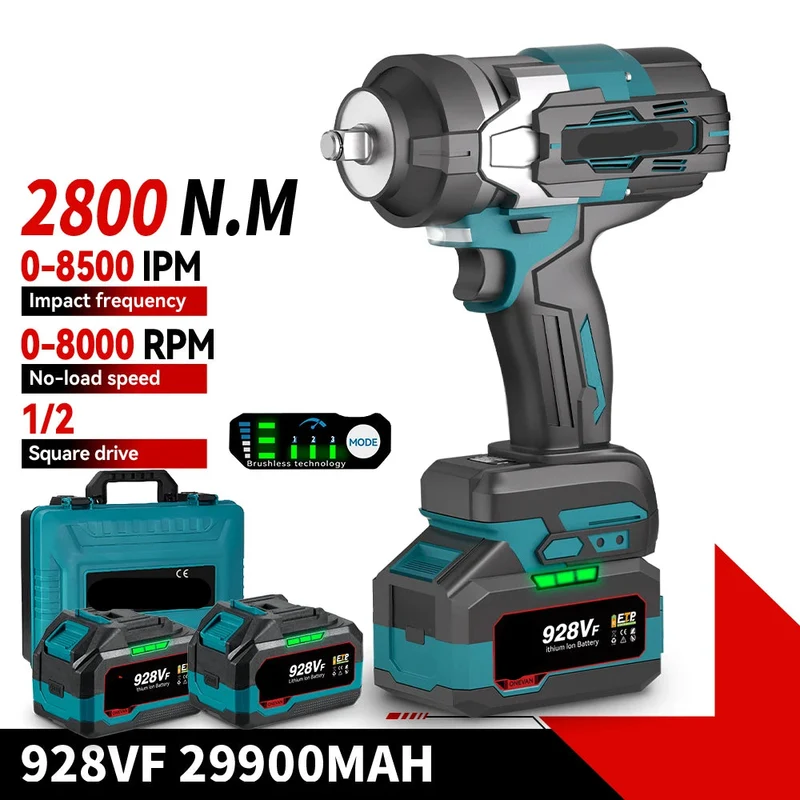 Slagmoersleutel - met Accu - Slagschroevendraaier - Brushless - Elektrische - Torque - 1800Nm - Draadloze - 1/2 Inch - 18V Batterij - Handgereedschap - 2 Accu met Kunststof Doos