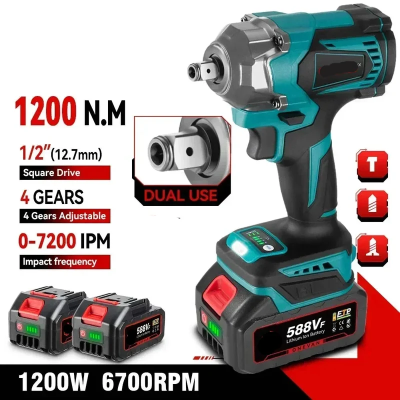 Slagmoersleutel - met Accu - Slagschroevendraaier - Draadloze - Borstelloze - Elektrische - Torque - 1200Nm - 1/2 inch - 18V Accu - 1 Batterij