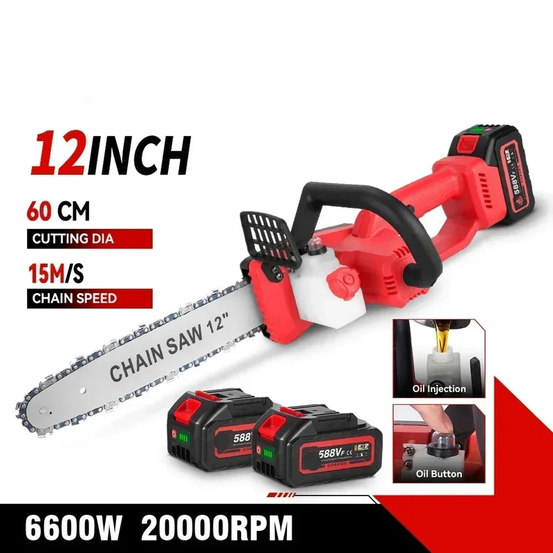 Elektrische Kettingzaag - met Accu - Snoeischaar - Handbediend- 12 Inch - 6600W - 20000RPM - Draadloos - Borstelloos - Snijden - Compatibel met 18V Accu - voor Tuinonderhoud - Renovatie - 2 Batterij