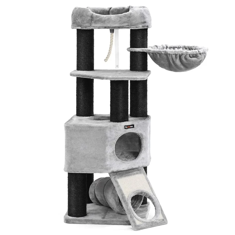 Krabpaal - voor Grote Katten - Kattenpaal - met Hangmat - 141 cm - Meerdere Verdiepingen - Stabiele Basis Cave - Krabplank - Dikke Sisal Kolommen - Arbre a Chat - Hoge Stabiliteit - Zachte Pluche Kussens - Grijs