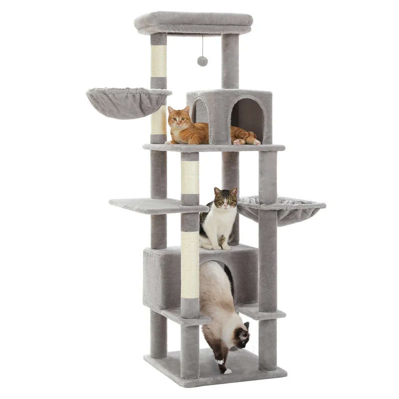 Krabpaal - voor Grote Katten – Kattenboom - met Sisal Krabpalen - 2 Grote Kattenhuizen - en Metalen Hangmat – Meerdere Verdiepingen - Arbre a Chat - XL - 168 cm Hoog – Geschikt voor Binnen – Stevig en Stabiel - Grijs