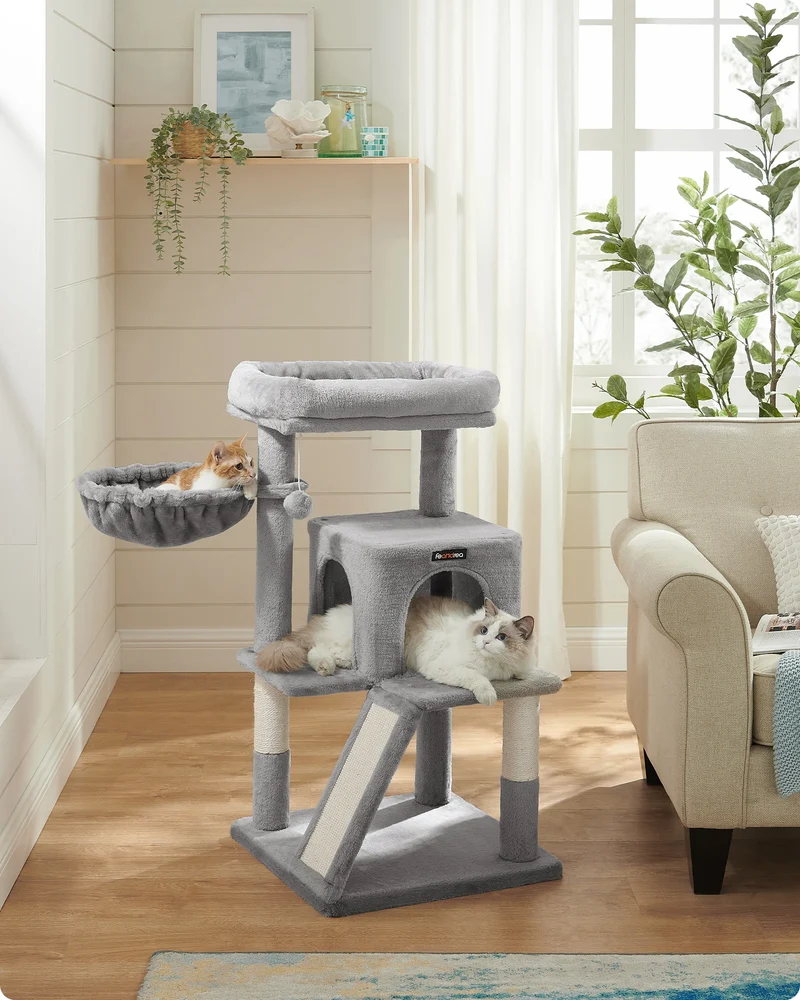 Krabpaal - Kattenboom - met Grote Observatieplatform - 96 cm - Krabplank - en Ramp - Stabiel - Arbre a Chat - Geschikt voor Kittens - en Volwassen Katten - Pluche - Sisal Beklede Kolommen - Lichtgrijs