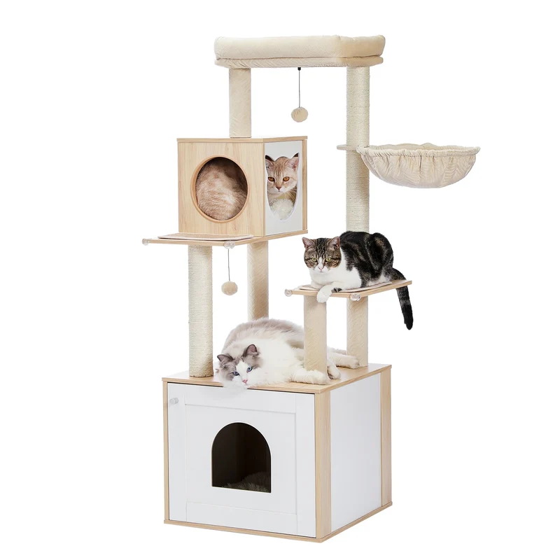 Kattenboom - met Kattenbak Kast – Houten - met Opslagkast - Kattenhuisje - en Sisal Krabpalen – Grote Kattenmeubel voor Binnen – Stabiel en Multifunctioneel - Meerdere Verdiepingen - Arbre a Chat - Beige