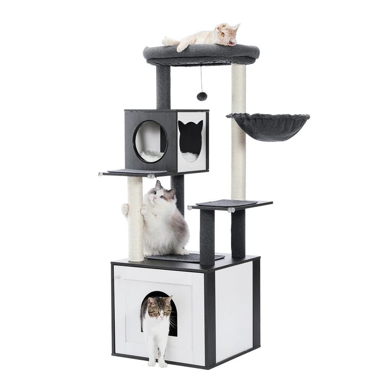 Kattenboom - met Kattenbak Kast – Houten - met Opslagkast - Kattenhuisje - en Sisal Krabpalen – Grote Kattenmeubel voor Binnen – Stabiel en Multifunctioneel - Meerdere Verdiepingen - Arbre a Chat - Zwart