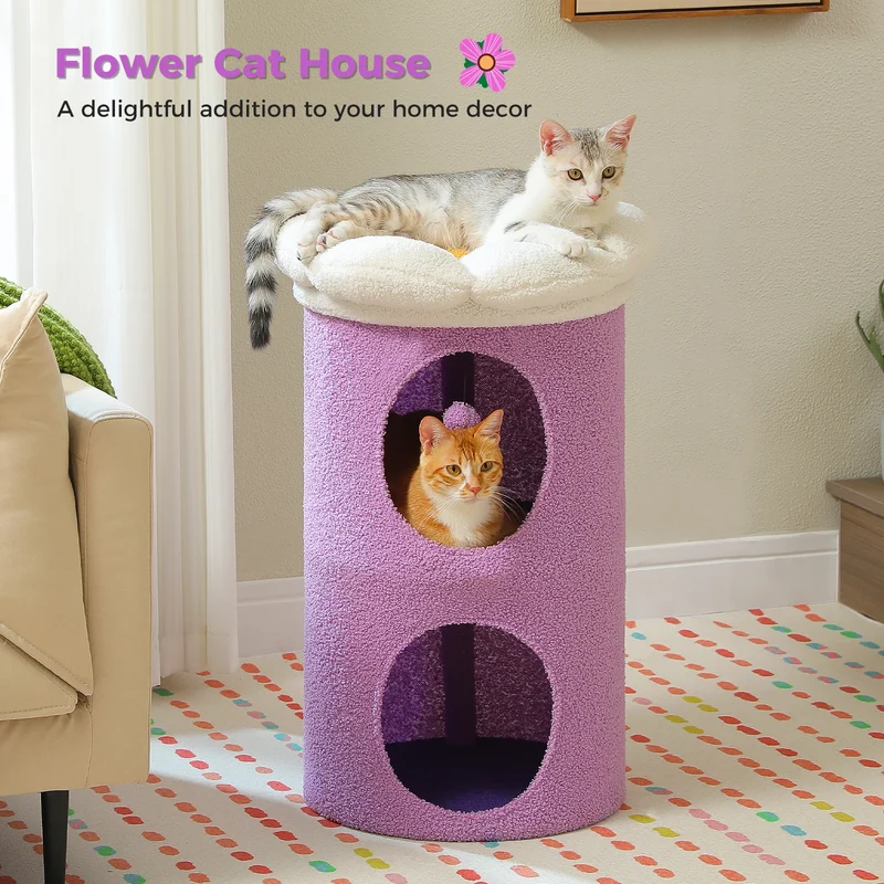 Kattenhuis - met 2 Verdiepingen - Binnen – Houten bed - met Afneembaar Bloemenkussen - Ruime Kattengrot - Hangspeeltje - Krabpaal - 73cm Hoog - Paars