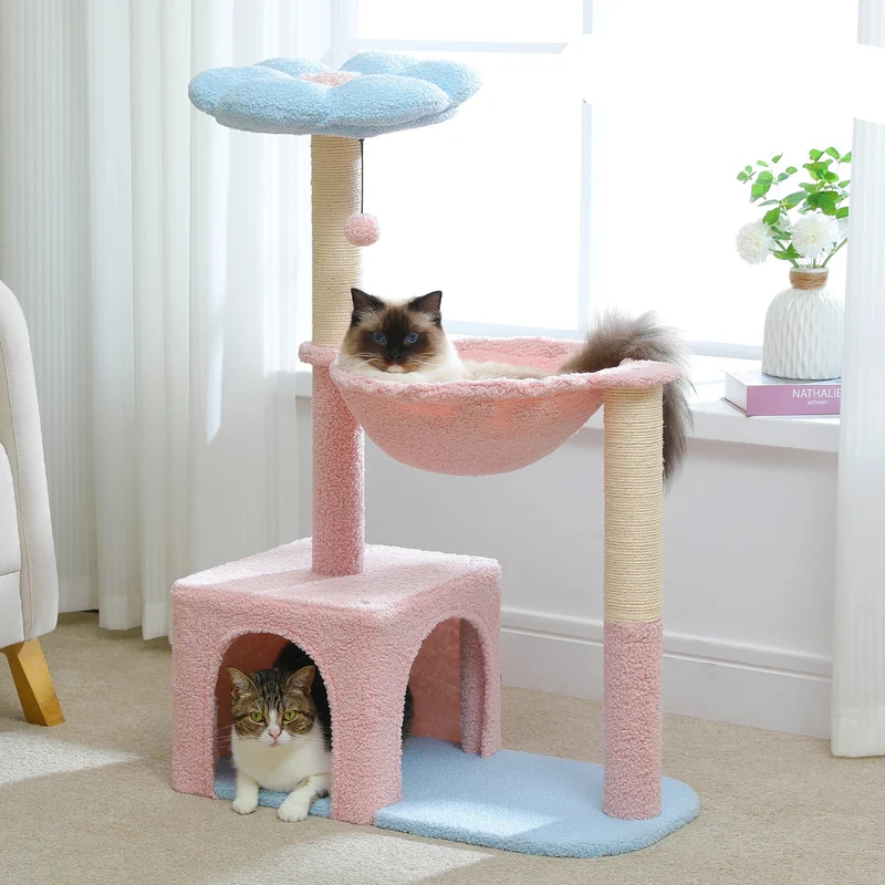 Kattenboom – met Bloem Ontwerp - Krabpaal - Stabiele Hangmat - Huis - Sisal Krabpalen - voor Kleine Binnenkatten - 89 cm - Blauw