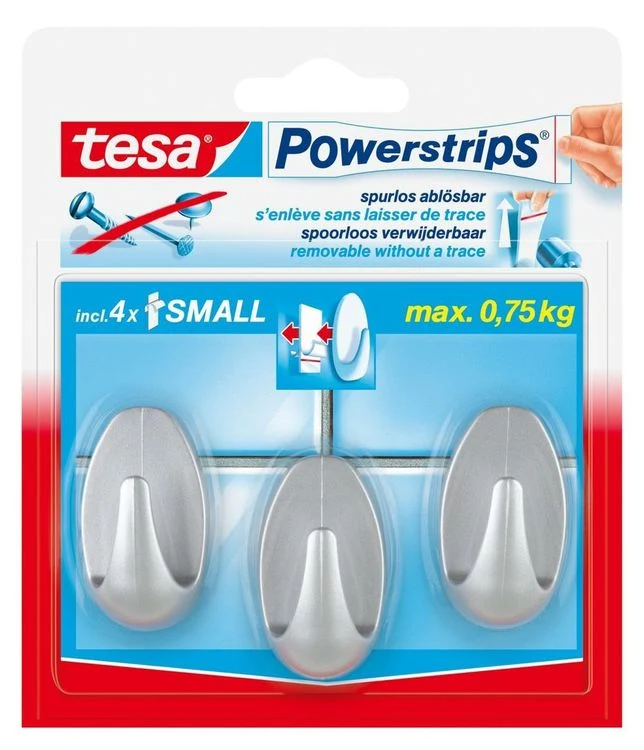 Tesa Powerstrips haak rechthoek kunststof dubbel mat chroom 3st