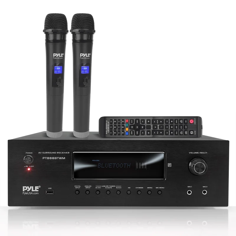Karaoke Versterker – Audio Versterker – Bluetooth Receiver – Home Theater Versterker – 5.2 Channel Stereo – 1000 Watt Vermogen – 2 Draadloze UHF Microfoons