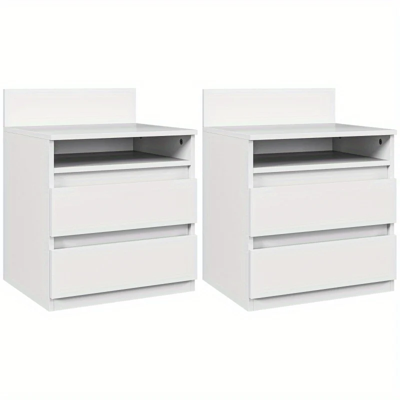 Nachtkastje – Bedkastje – Bijzettafeltje – Slaapkamerkastje – Wit – 2-delige Set – 2 Lades + Open Vak – Melamine Coating & Compact Design 40x32x50 cm