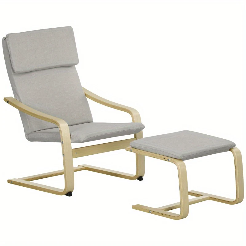 Lounge Stoel – Relaxstoel – Fauteuil – Zitstoel – Voetenbank – Lichtgrijs – Linnenlook Polyester – Inclusief Voetbescherming