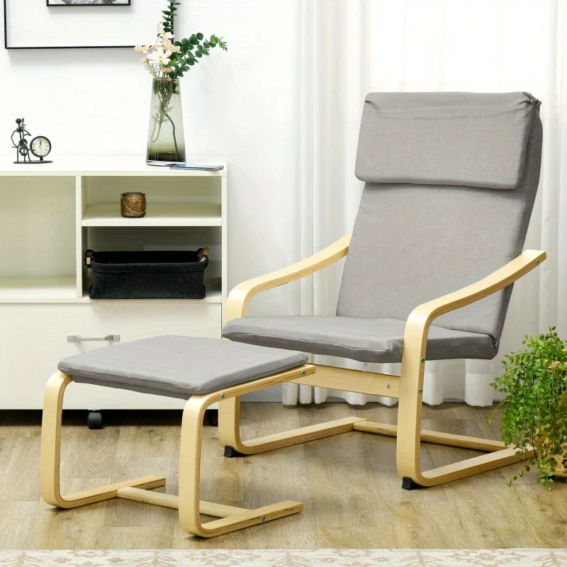 Lounge Set – Fauteuil – Relaxstoel – Leunstoel – Voetkruk – Lichtgrijs – Polyester Linnenbekleding – Inclusief Voetkruk – Stevig Houten Frame