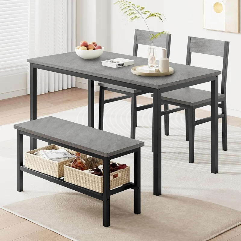 Eettafelset 4 Personen – Eettafel Met Stoelen – Dinerset – Keukentafelset – Zitgroep – Modern Zwart Metaal Frame – Inclusief Opbergrek – Compact Voor Kleine Ruimtes