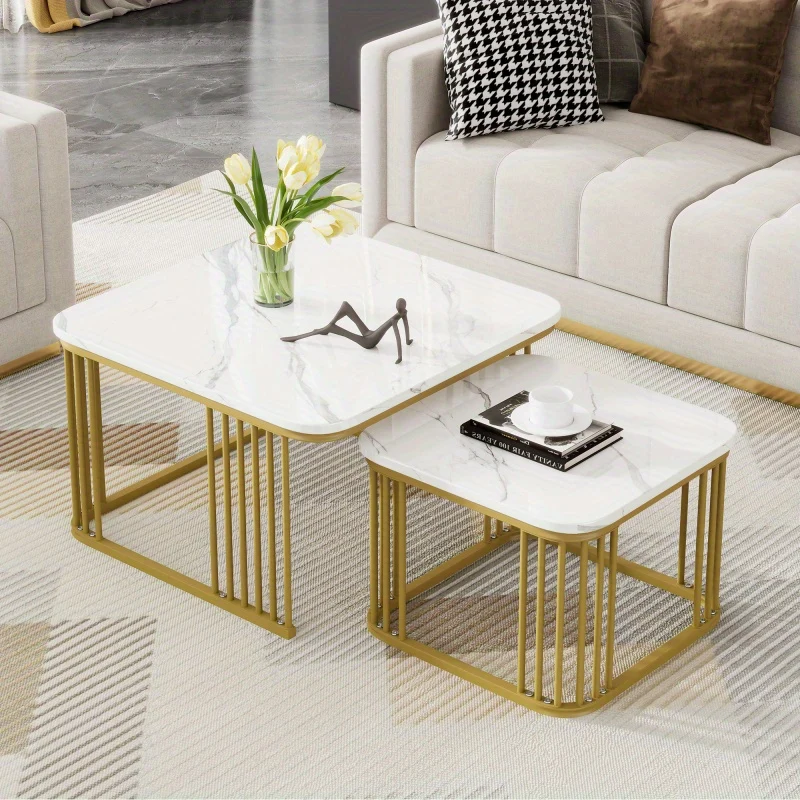 Salontafel Set – Bijzettafel – Tafeltje – Woonkamertafel – Tafel Vierkant – Hoogglans Marmerlook – Gouden Poten – Verstelbare Voetjes – MDF – 70x70x45 & 50x50x36,5 cm