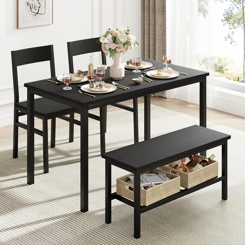 Dining Table Set for 4, Modern Kitchen Table with Chairs And Bench for Small Space, 4-Person Dining Room Table Set with Metal Frame And Storage Rack, Dinette Set for Apartment