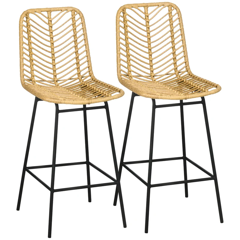 Barstoel Set – Barkruk – Keukenkruk – Counterstoel – Zithoek Stoel – Geel PE-Rattan – Stalen Frame – Voetsteun – 42,5x52x102 cm – Boho Design
