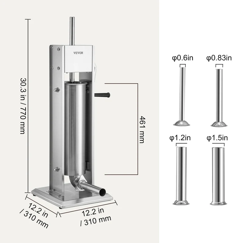 Worstenvuller - Worstenmaker - Handmatige Verticale Worstmaker - Inclusief 5 Vulbuizen - Worstmachine - Professionele 7L RVS Worstenvuller
