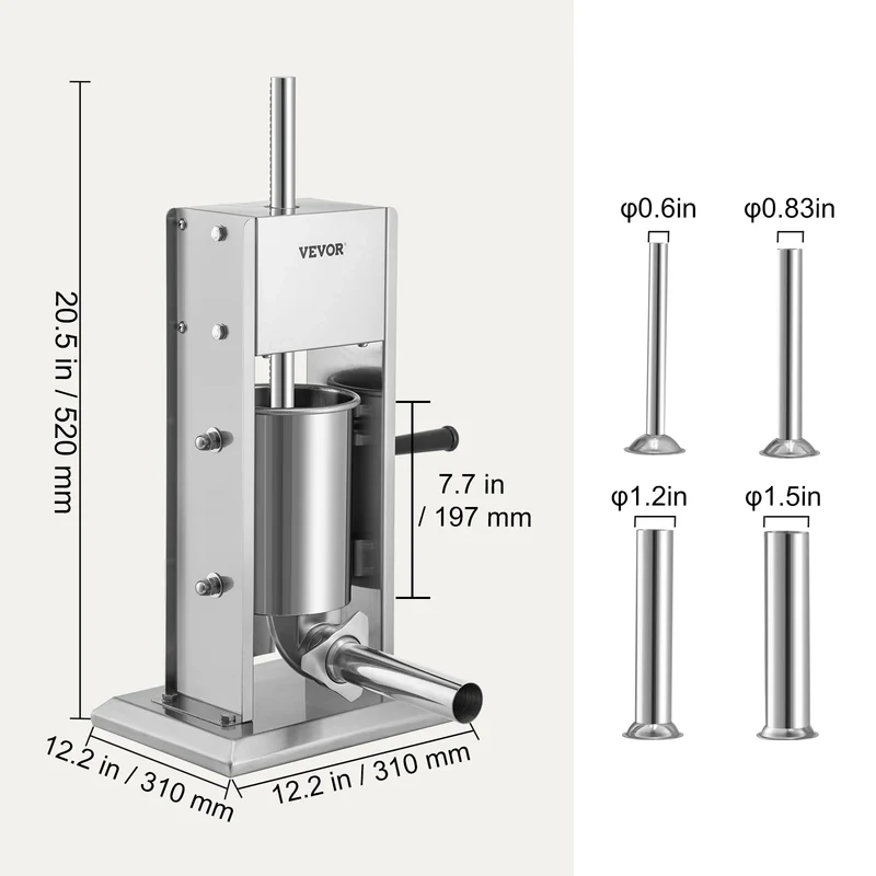 Worstenvuller – Worstenmaker - Worstmachine - 3L - Handmatige Verticale Worstmaker met 5 Opzetstukken