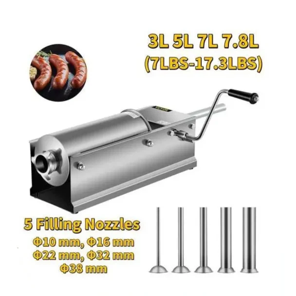 Worstenvuller - Worstenmaker - Inclusief 5 Vulmondstukken - Worstmachine - Professionele 7L RVS Horizontale Worstenvuller