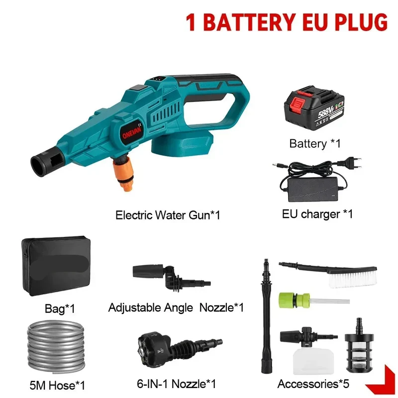 Hogedrukreiniger Accu - 200Bar - Hogedrukspuit - Draadloze 3500W - Krachtige Waspistool - met 6-in-1 Nozzle - Compatibel met 18V Accu - 1 Accu's met 1 Lader