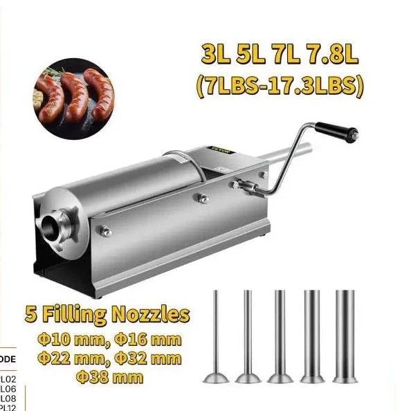 Worstenvuller – Worstenmaker - Worstmachine - Professionele 5L RVS Horizontale Worstenvuller – Handmatige Worstmaker – Inclusief 5 Vulmondstukken