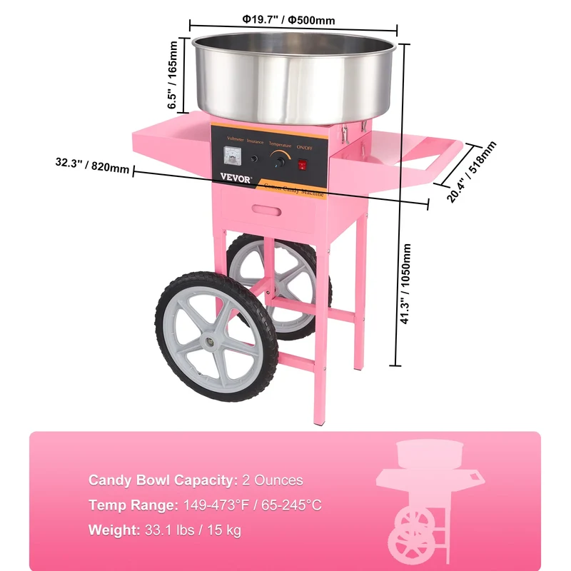 Suikerspinmachine - Elektrische Suikerspinmachine met Kar - suikerspinmachine - Suikerspin Suiker - Professionele Suikerspinner met Roestvrijstalen Kom en Lade - Krachtige en Efficiënte Suikerspinner voor Feesten en Evenementen - 1000W - Pink