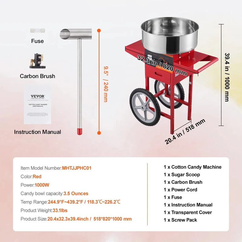 Suikerspinmachine - Elektrische Suikerspinmachine met Kar - suikerspinmachine - Suikerspin Suiker - Professionele Suikerspinner met Roestvrijstalen Kom en Lade - Krachtige en Efficiënte Suikerspinner voor Feesten en Evenementen - 1000W - Rood