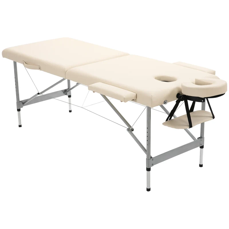 Massagetafel - Massagetafel Inklapbaar - Verstelbare Hoogte - 186x71x83cm - Aluminium Frame - Draagbaar - en Comfortabel - Dikke Kussen - Beige