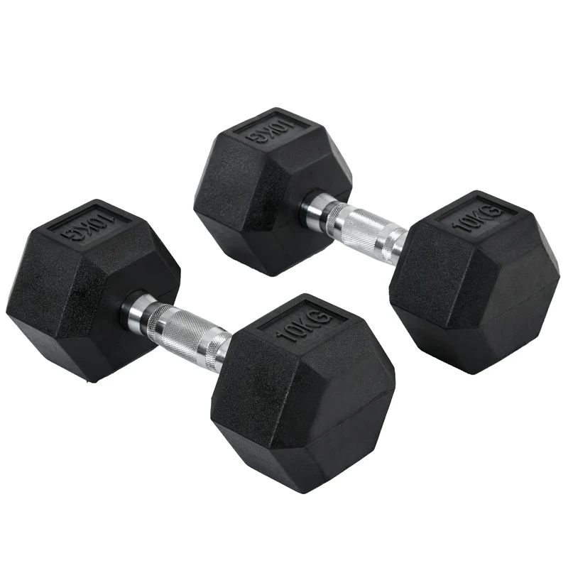 Halterset - 20 kg - Halterstang - Set van 2 Dumbbells - Hexagonaal Design - Met Rubberen Coating - Voor Krachttraining - en Fitness - Zwart en Zilver