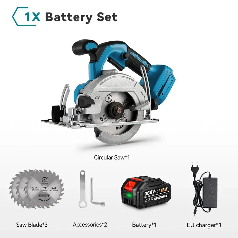 Accu Cirkelzaag - 125 mm Zaagblad - Handcirkelzaag - 0-45° Verstekzaag - Brushless Motor - Voor Hout - PVC - en Tegels - 10800RPM - 1 Accu's met 1 Lader