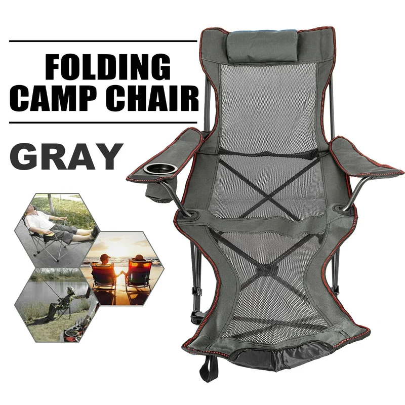Opvouwbare Campingstoel - Kampeerstoel - Strandstoel - Ademende Mesh Stof - Verstelbare Rugleuning en Voetensteun - 600D Oxford Stof - Lichtgewicht en Draagbaar - Grijs