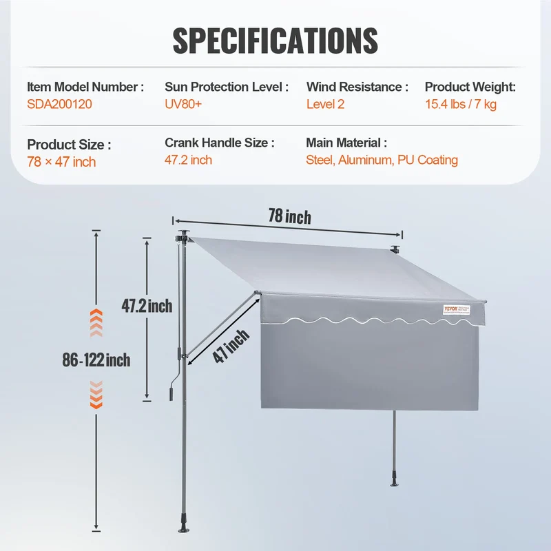 Klemluifel - Uitschuifbare Zonwering - Balkonluifel - 78 x 47inch - Handmatig Verstelbaar - Waterdicht & UV80+ Bescherming - Voor Tuin - Balkon en Terras