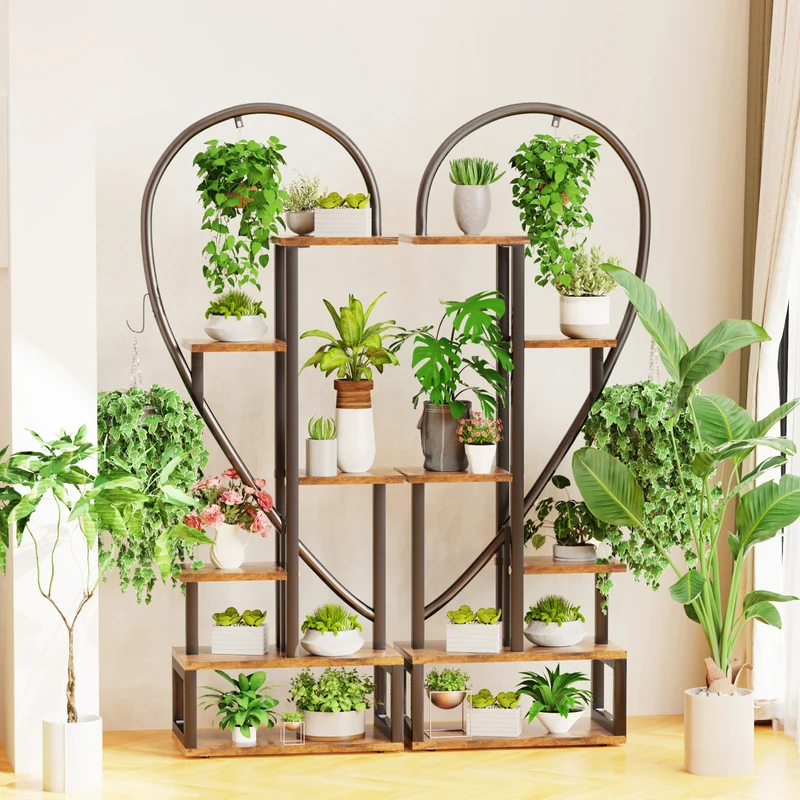 Plantenrek - 6-laags - Plantenrekken - Halve Hartvormige - Metalen Plantentrap - Plantenstandaard - voor Binnen en Buiten - Multifunctioneel - Hoogwaardig MDF-hout - Ruimtebesparend