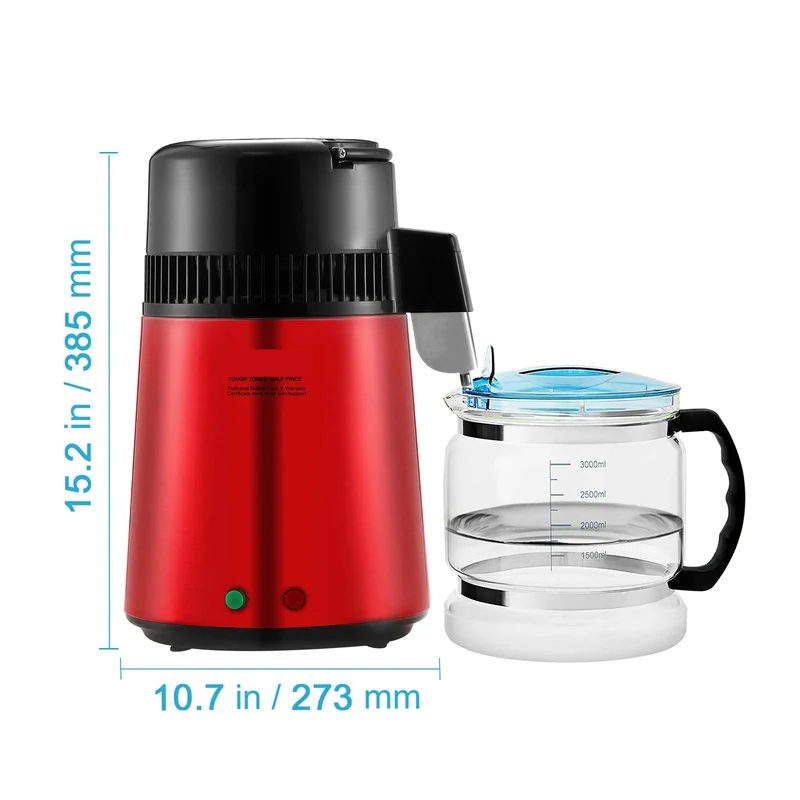 Destilleerapparaat - Water Destilleerapparaat - Waterdispenser - Waterdistilleerder - 4L - Krachtige 750W Waterzuiveraar voor Thuisgebruik - Rood