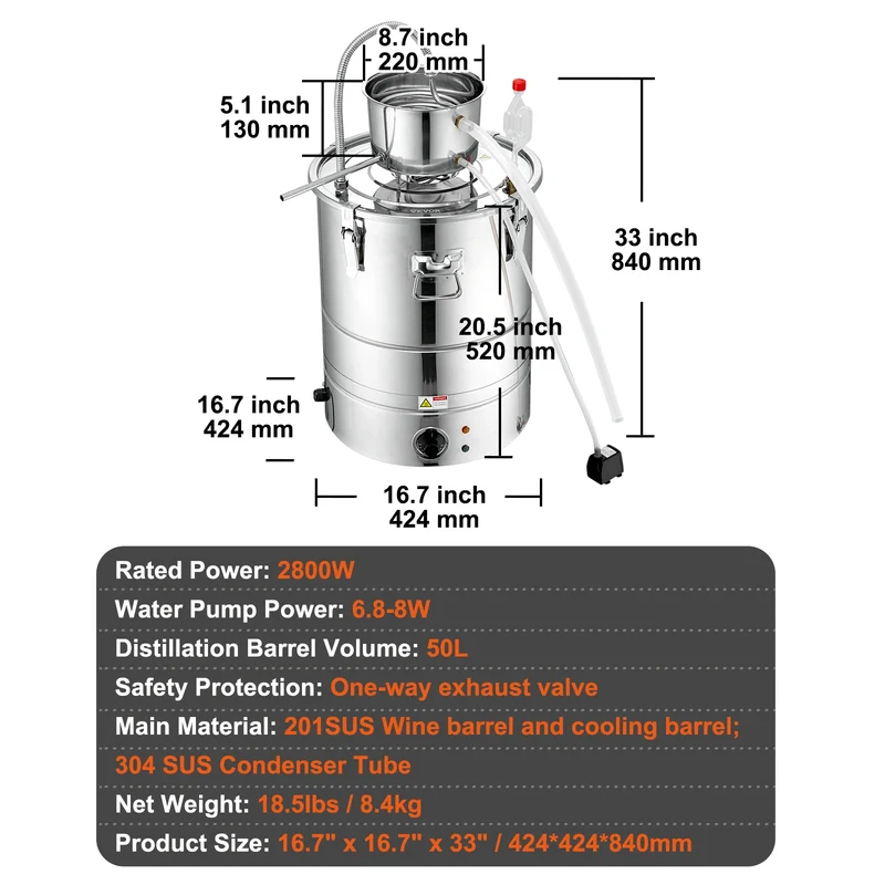 Roestvrijstalen Alcohol Distilleerapparaat - Destilleerapparaat Etherische Olie - Destilleerketel - 50L - Voor Whisky, Wijn, Brandy & Essentiële Oliën