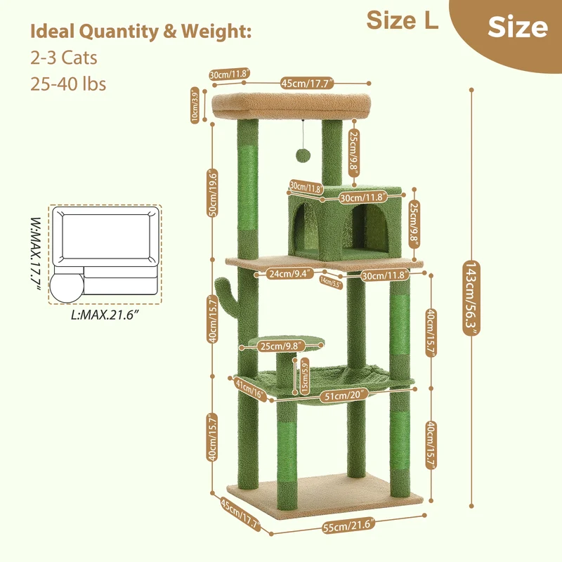 Kattenboom - Krabpaal - Luxe Krabpaal met Meerdere Niveaus – Kattentoren met Huisje & Krabpalen – Stabiele Kattenboom voor Binnen – Kattenaccessoires & Speelgoed - Large - 143cm - Groen