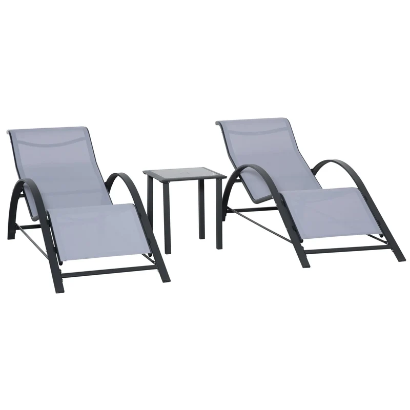 Ligstoel - Set van 2 - Ligstoel Tuin - met Bijzettafel - Weerbestendig - Ademend Textileen - Voor Tuin, Terras en Balkon - 59x169x66cm - Grijs
